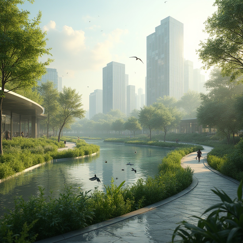 Prompt: Urban wetland design, modern cityscape, futuristic architecture, green spaces, serene atmosphere, water features, walking trails, lush vegetation, various bird species, gentle breeze, soft natural light, panoramic view, 3/4 composition, vibrant colors, realistic textures, ambient occlusion, misty morning, warm sunlight.