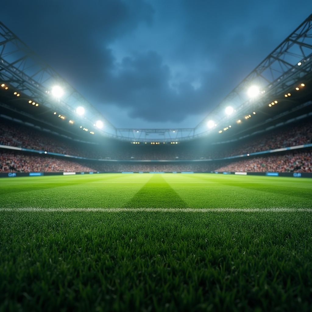 Prompt: Modern stadium, polyethylene material, artificial turf, vibrant green color, detailed texture, 3D effect, evening game atmosphere, floodlights shining down, cheering crowd, dramatic shadows, HDRI lighting, cinematic composition, low-angle shot, athlete running, dynamic motion blur.