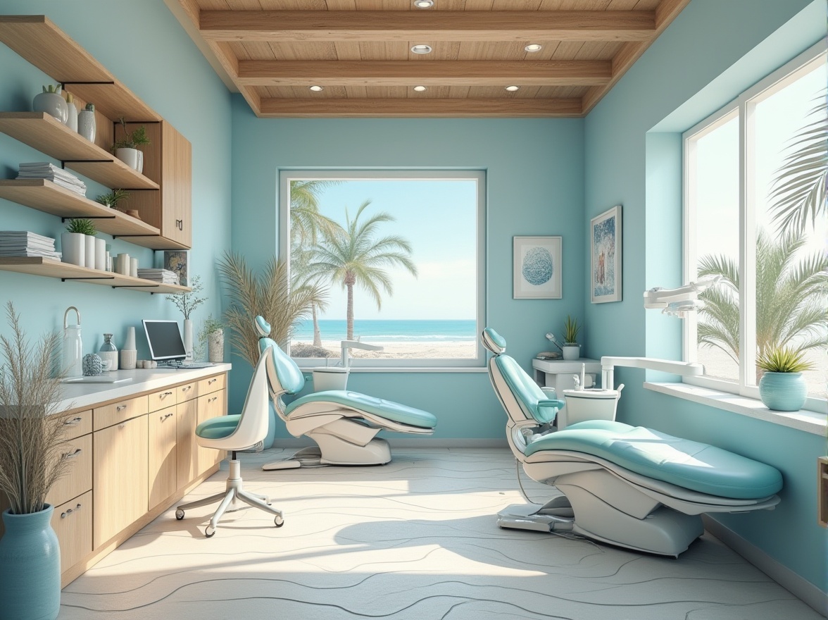 Prompt: Beach-inspired dental clinic, modern interior design, calming atmosphere, light blue walls, driftwood accents, wavy patterned flooring, comfy ocean-blue chairs, white dental equipment, minimalist decorations, seaside-themed artwork, large windows, natural light pouring in, beach views, palm trees swaying outside, warm sandy color scheme, relaxing ambiance, gentle lighting, 3/4 composition, shallow depth of field.