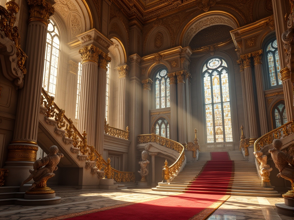 Prompt: Grand, ornate palace, Renaissance-style, intricate stone carvings, golden decorations, high ceilings, large stained glass windows, grand staircase, red carpet, marble floors, ornate columns, statues of angels, balconies with iron railings, Baroque-inspired, symmetrical composition, warm afternoon sunlight, dramatic shadows, cinematic lighting, detailed textures, realistic materials.