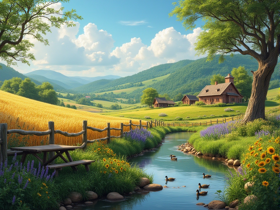 Prompt: Serene rural landscape, lush green rolling hills, traditional farmhouse, wooden fence, blooming wildflowers, sunflowers, lavender, wheat fields, vintage tractor, haystacks, old oak tree, wooden bench, gentle stream, ducks swimming, clear blue sky, fluffy white clouds, warm soft lighting, 3/4 composition, peaceful atmosphere, natural colors, rustic texture.