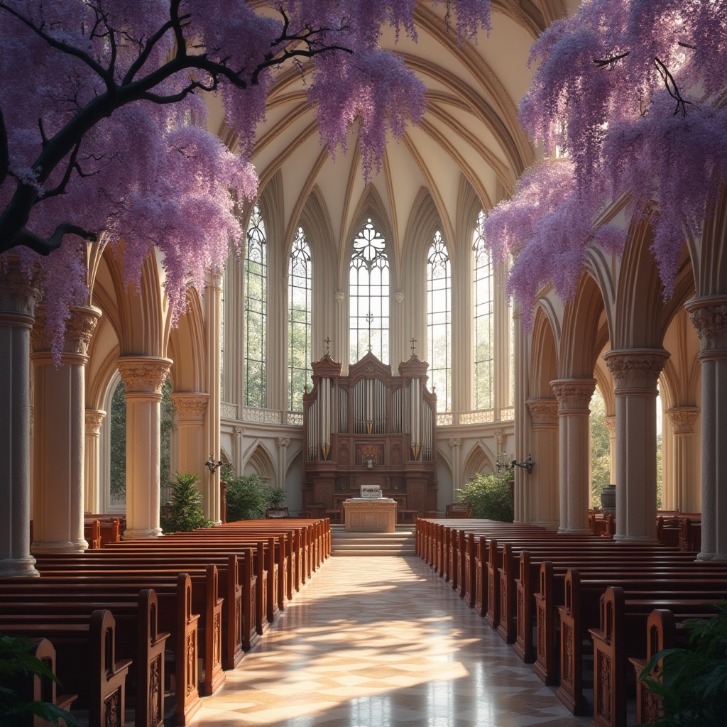 Prompt: Wisteria purple flowers, elegant church interior, grand altar, stained glass windows, intricate stone carvings, vaulted ceiling, ornate pews, soft natural light filtering through, gentle drapery, lavish decorations, solemn atmosphere, peaceful ambiance, subtle fragrance of blooming wisteria, warm beige walls, polished marble floors, classic organ in the background, serene composition, shallow depth of field, warm color tone.