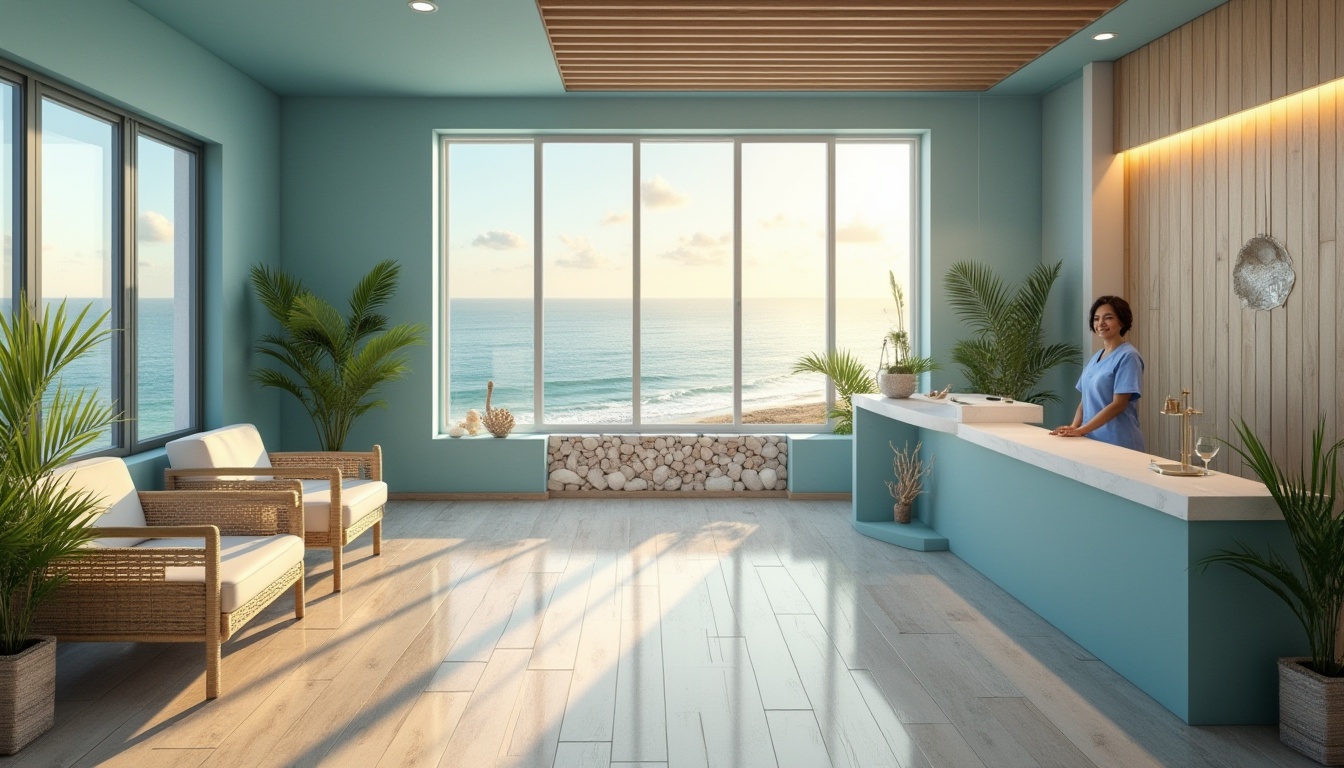 Prompt: Beach-inspired dental clinic, modern minimalist interior design, calming ocean blue walls, driftwood accents, sandy beige floors, floor-to-ceiling windows with ocean views, soft natural lighting, comfortable wicker furniture, lush green plants, seashell decorations, coral-inspired reception desk, friendly dentist in light blue scrubs, gentle smiling face, warm skin tone, subtle beachy perfume, relaxing atmosphere, panoramic view of the coastline, sunny day, few puffy white clouds, warm glow of the setting sun.