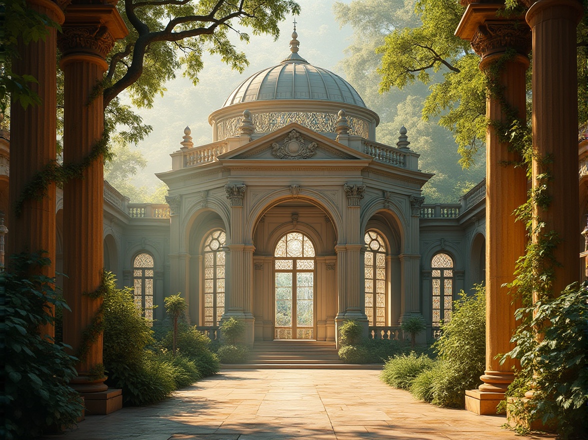 Prompt: Byzantine-style greenhouse, ornate architecture, grand dome, intricate stone carvings, stained glass windows, lush greenery, vines crawling up pillars, majestic entrance, golden accents, soft natural light filtering through, warm atmosphere, Mediterranean landscape, sunny afternoon, 3/4 composition, symmetrical framing, warm beige stones, ornate ironwork, misty ambiance.