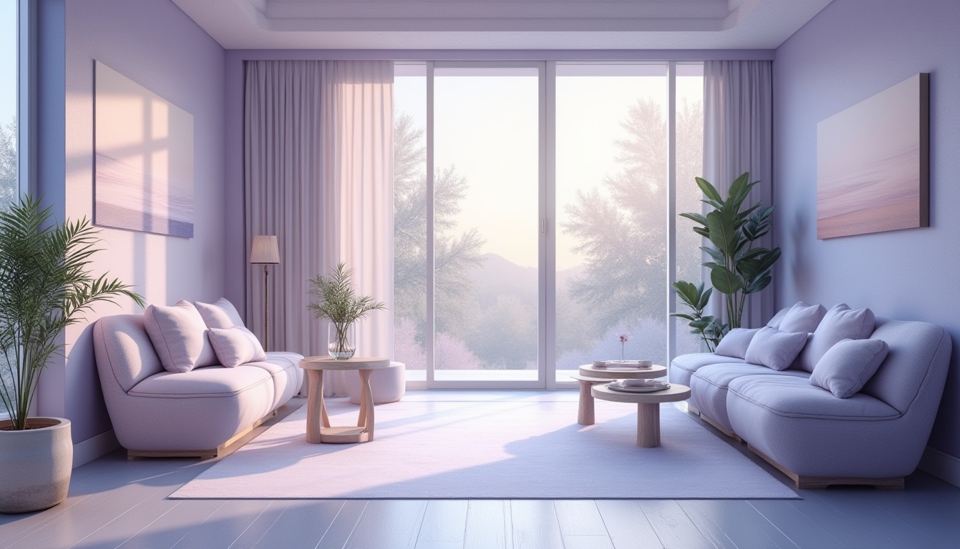 Prompt: Calming healthcare interior, incorporating soothing lavender blue color scheme, soft natural light pouring through large windows, gentle curved lines, minimalist furniture with rounded edges, comfortable cushions, subtle wood accents, peaceful plants, gentle water feature, serene ambiance, 3/4 composition, warm lighting, shallow depth of field, realistic rendering.