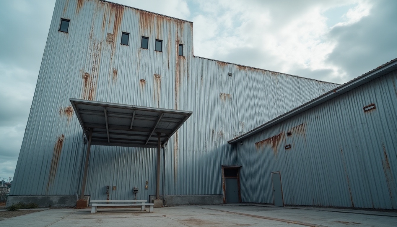 Prompt: Modern industrial architecture, corrugated iron walls, silver metallic color, rusty texture, rectangular structure, minimalist design, urban cityscape, cloudy sky, dramatic shadows, low-angle shot, cinematic composition, HDR lighting.