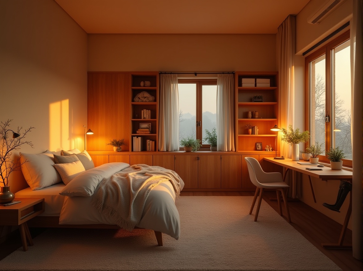 Prompt: Cozy dorm interior, amber color scheme, warm glowing lights, wooden furniture, soft cushions, plush carpet, gentle curves, minimalist decor, calm atmosphere, evening ambiance, golden hour lighting, warm beige walls, dark wood accents, comfortable reading nook, floor lamps, soft shadows, relaxing mood, serene composition.