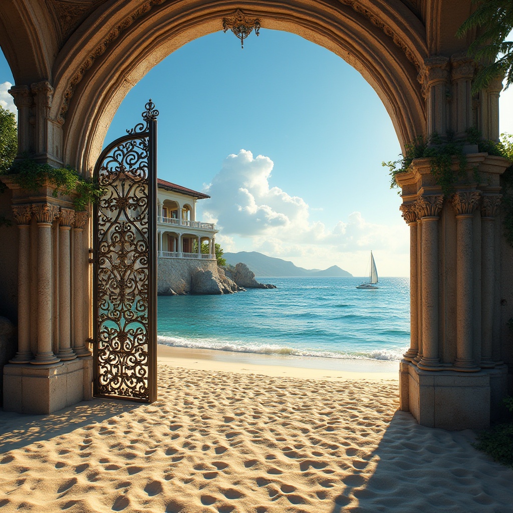 Prompt: Renaissance-inspired beach scene, grandiose steel structure, intricately decorated gates, ornate steel balconies, majestic steel archways, luxurious beachside villa, Mediterranean-style columns, golden sandy beach, turquoise ocean water, sailboats and yachts in the distance, clear blue sky with few white clouds, warm sunlight casting long shadows, dramatic low-angle composition, shallow depth of field, highly detailed textures.