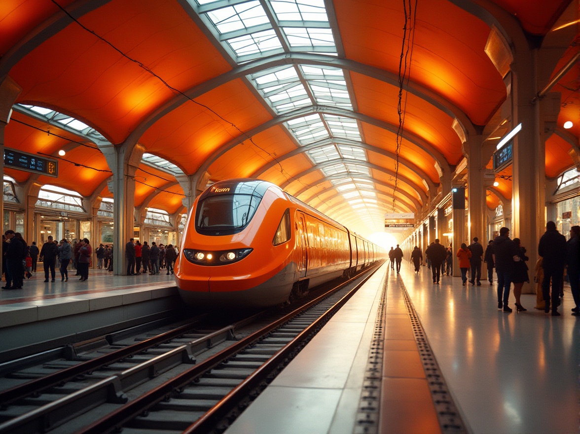 Prompt: Vibrant orange, bold color choice, modern train station, futuristic architecture, sleek lines, geometric shapes, metallic materials, glass ceilings, urban cityscape, busy crowd, morning rush hour, natural light pouring in, warm atmosphere, shallow depth of field, soft focus, cinematic composition, wide-angle shot, low-angle view, symmetrical framing.