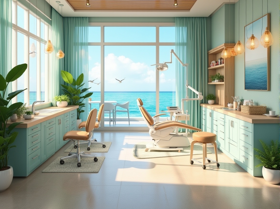 Prompt: Beach-inspired dental clinic, modern minimalist interior design, pastel-colored walls, driftwood furniture, sea-glass chandeliers, calming turquoise accents, sandy-beige floors, ocean-blue cabinetry, coral-patterned rugs, tropical plants, coastal-themed artwork, floor-to-ceiling windows, natural light pouring in, panoramic view of the ocean, seagulls flying outside, warm sunny day, soft focus, shallow depth of field.