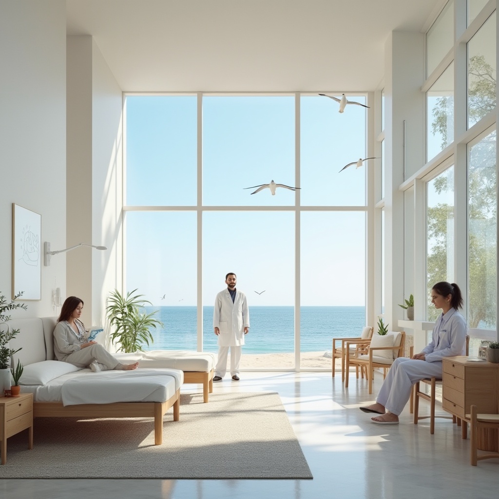 Prompt: Chukum material, coastal healthcare center, modern architecture, large windows, ocean view, white walls, wooden furniture, minimalist decor, medical equipment, doctor, nurse, patient, relaxing atmosphere, natural light, calming color palette, beachside location, sandy dunes, seagulls flying overhead, clear blue sky, gentle sea breeze, soft ambient lighting, 3/4 composition, shallow depth of field, realistic rendering.