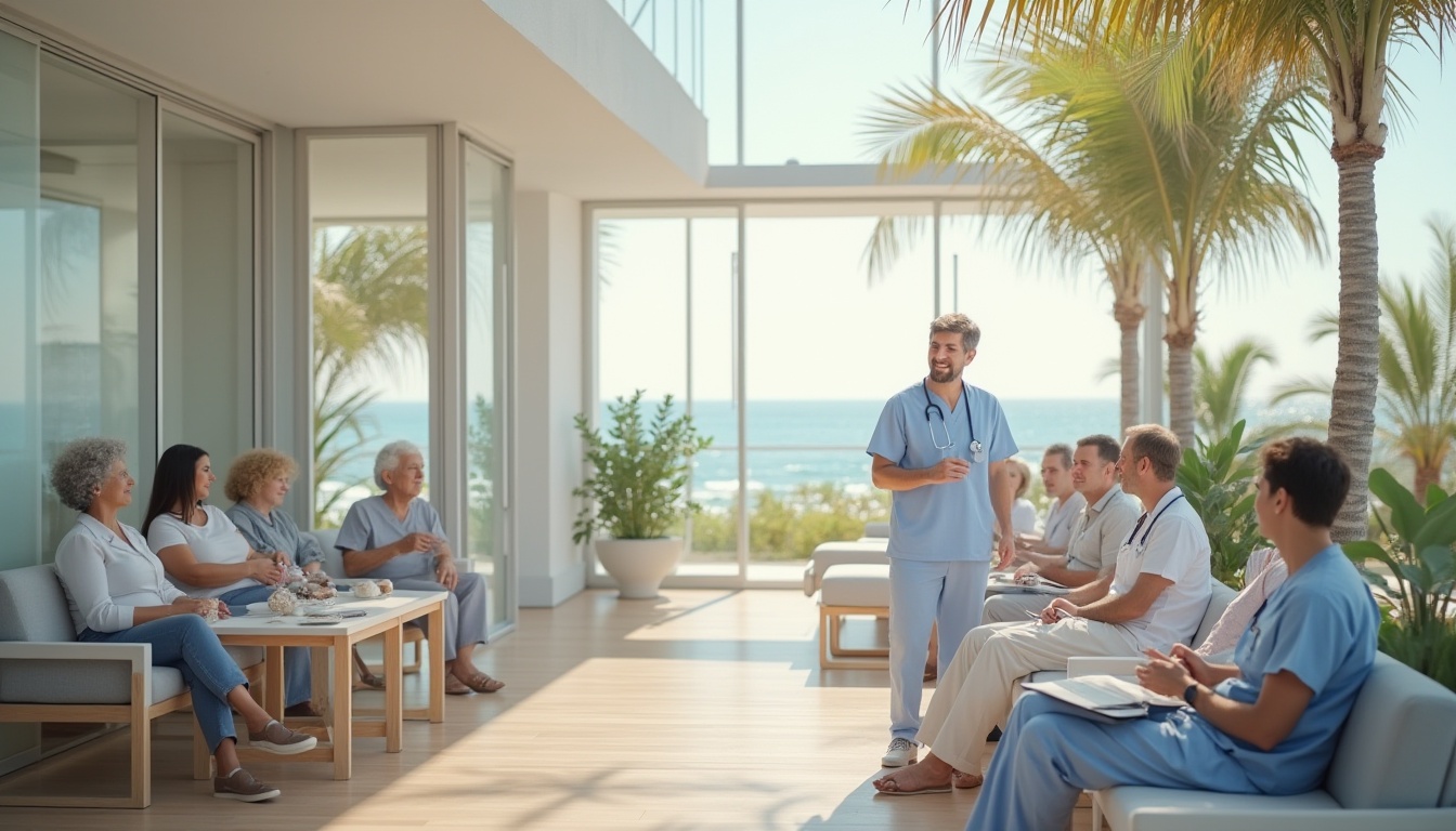 Prompt: Successful coastal healthcare center, modern architecture, white exterior walls, large glass windows, ocean view, palm trees surrounding, calm atmosphere, medical staff in blue scrubs, stethoscope around neck, friendly smile, gentle hands, patients sitting comfortably, natural light pouring in, soft beige interior, wooden floor, minimal decor, seashell decorations, soothing color palette, panoramic view of the ocean, 3/4 composition, shallow depth of field, warm ambient lighting.