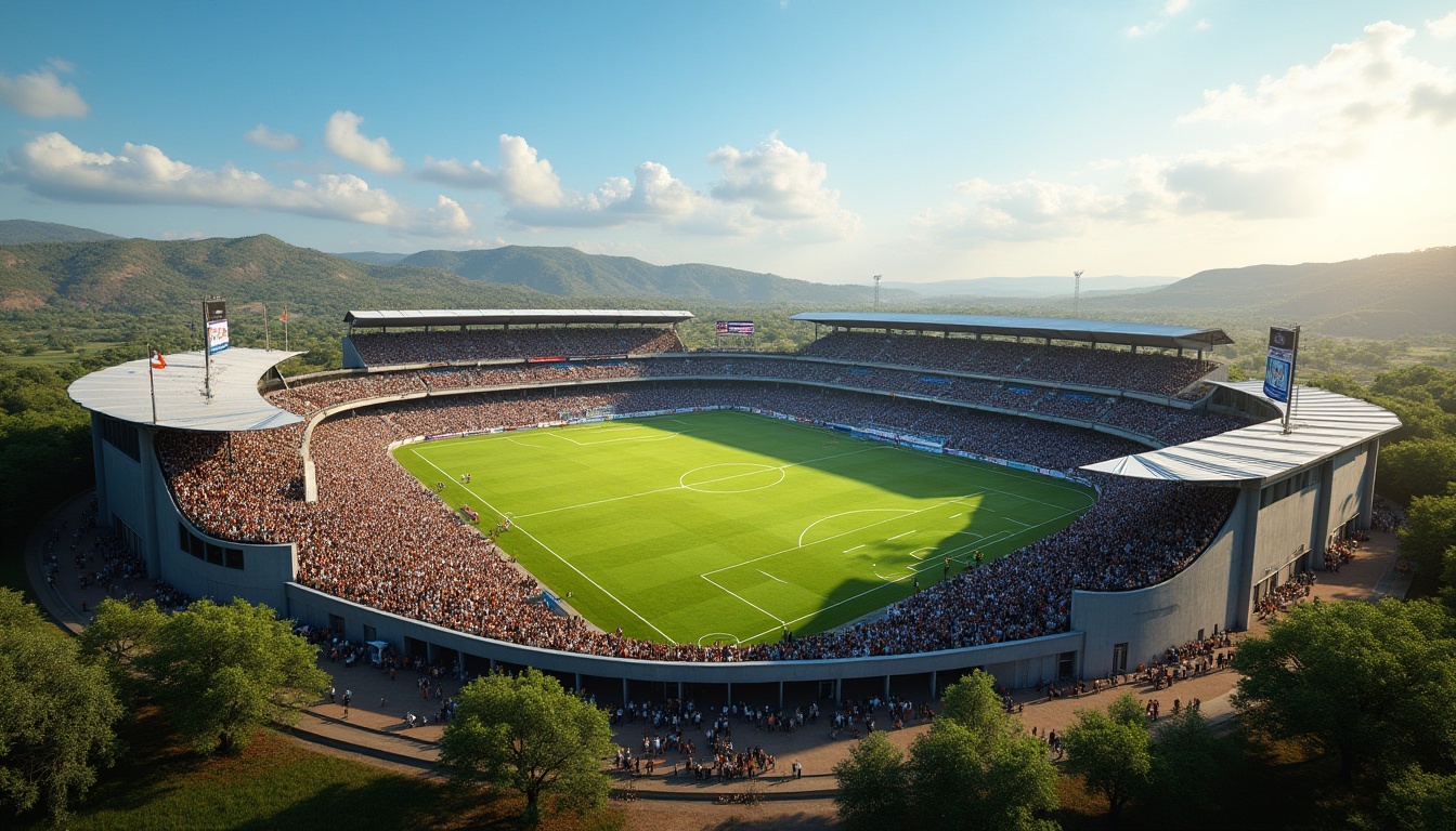 Prompt: Savanna stadium, case study, successful architecture, grandstand seating, green grass pitch, sunny day, clear blue sky, few white clouds, African savanna landscape, acacia trees scattered around, modern design, steel structure, concrete foundation, open roof, natural ventilation, floodlights, evening match atmosphere, vibrant crowd, cheering fans, players in action, referee whistle blowing, scoreboard display, giant screens, stadium entrance gates, security cameras, surrounding hills, panoramic view, aerial shot, 3/4 composition, warm lighting.