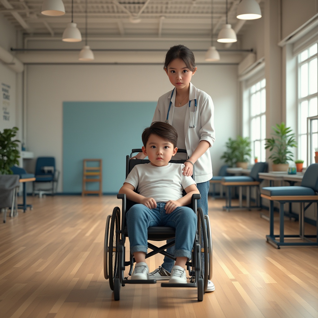 Prompt: Rehabilitation center interior, academic style, modern architecture, high ceiling, large windows, natural light, wooden flooring, minimal decor, motivational quotes, rehabilitation equipment, exercise machines, medical devices, physical therapist, patient, wheelchair, crutches, serious expression, focused gaze, subtle makeup, casual wear, cotton shirt, denim pants, sneakers, warm lighting, soft shadows, 3/4 composition, realistic rendering.