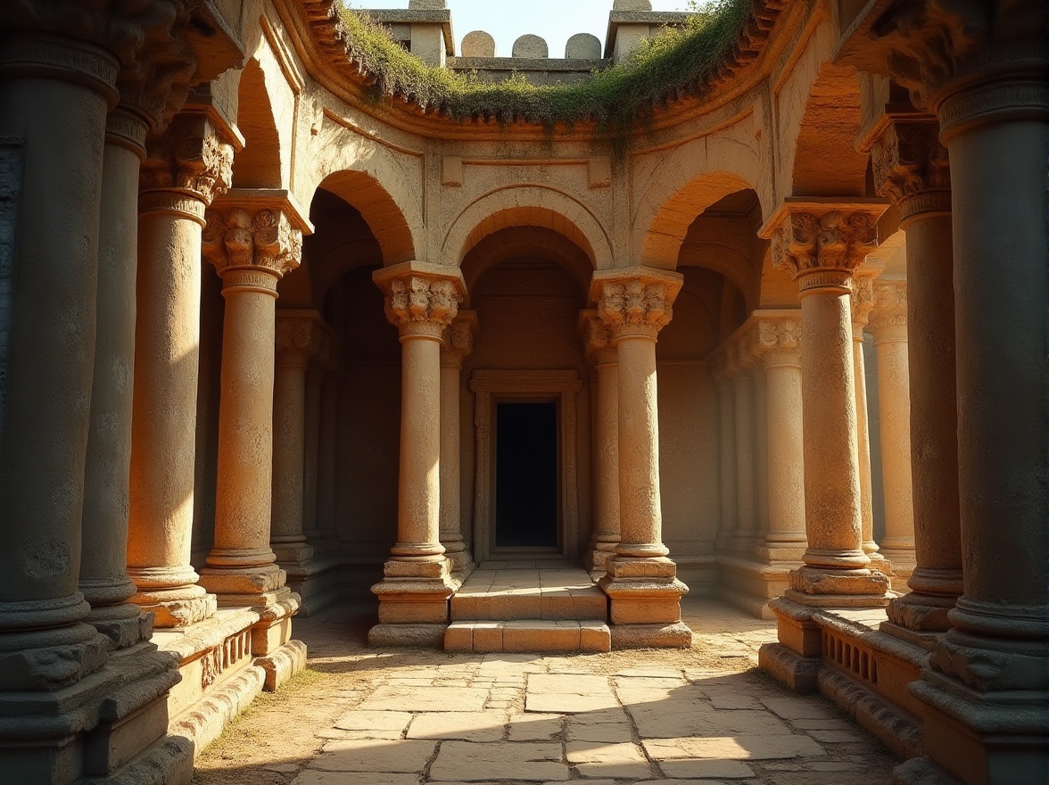 Prompt: Sandstone architecture, ancient building, ornate carvings, rustic texture, natural material, earthy tone, grand column, intricate arches, weathered walls, moss-covered roof, mysterious ambiance, warm lighting, golden hour, cinematic composition, low-angle shot, symmetrical framing.