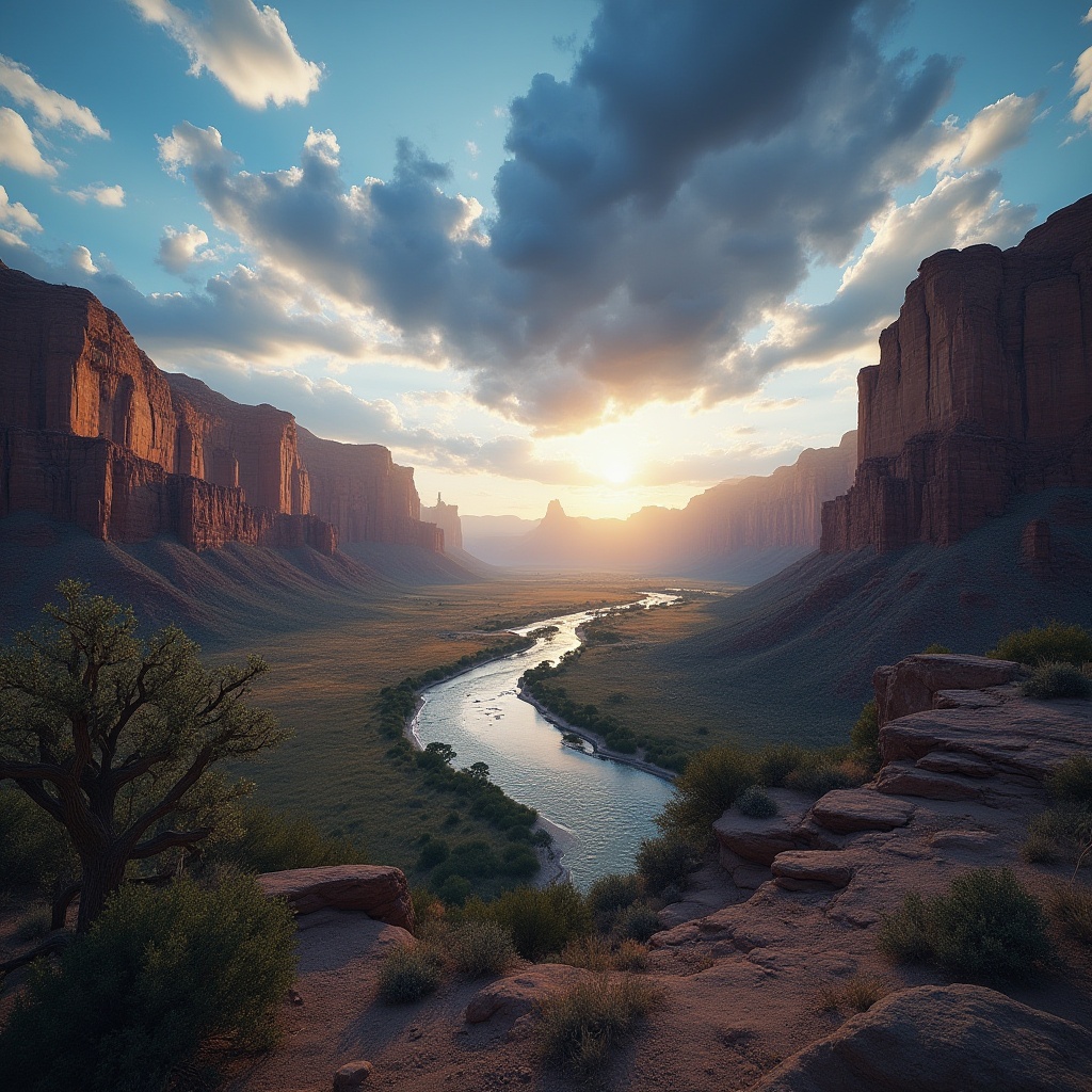 Prompt: Canyon landscape, vast desert, majestic rocky cliffs, endless blue sky, golden hour, warm soft light, dramatic shadows, few cacti scattered, winding river, gentle water flow, serene atmosphere, distant thunderstorm, dark clouds gathering, ominous mood, 3/4 composition, low-angle shot, cinematic feel, vibrant colors, high contrast, detailed textures.