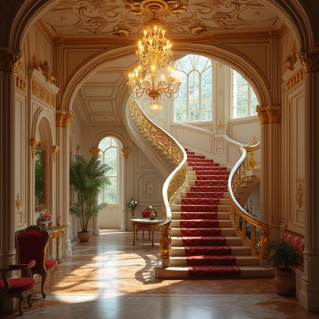 Prompt: Baroque-inspired interior, luxurious villa, ornate chandelier, grand staircase, innovative use of fiberglass, curved lines, intricate patterns, golden accents, marble floors, velvet upholstery, majestic columns, dramatic lighting, 3/4 composition, warm color palette, high ceilings, sweeping arches, regal atmosphere, detailed textures, reflective surfaces.