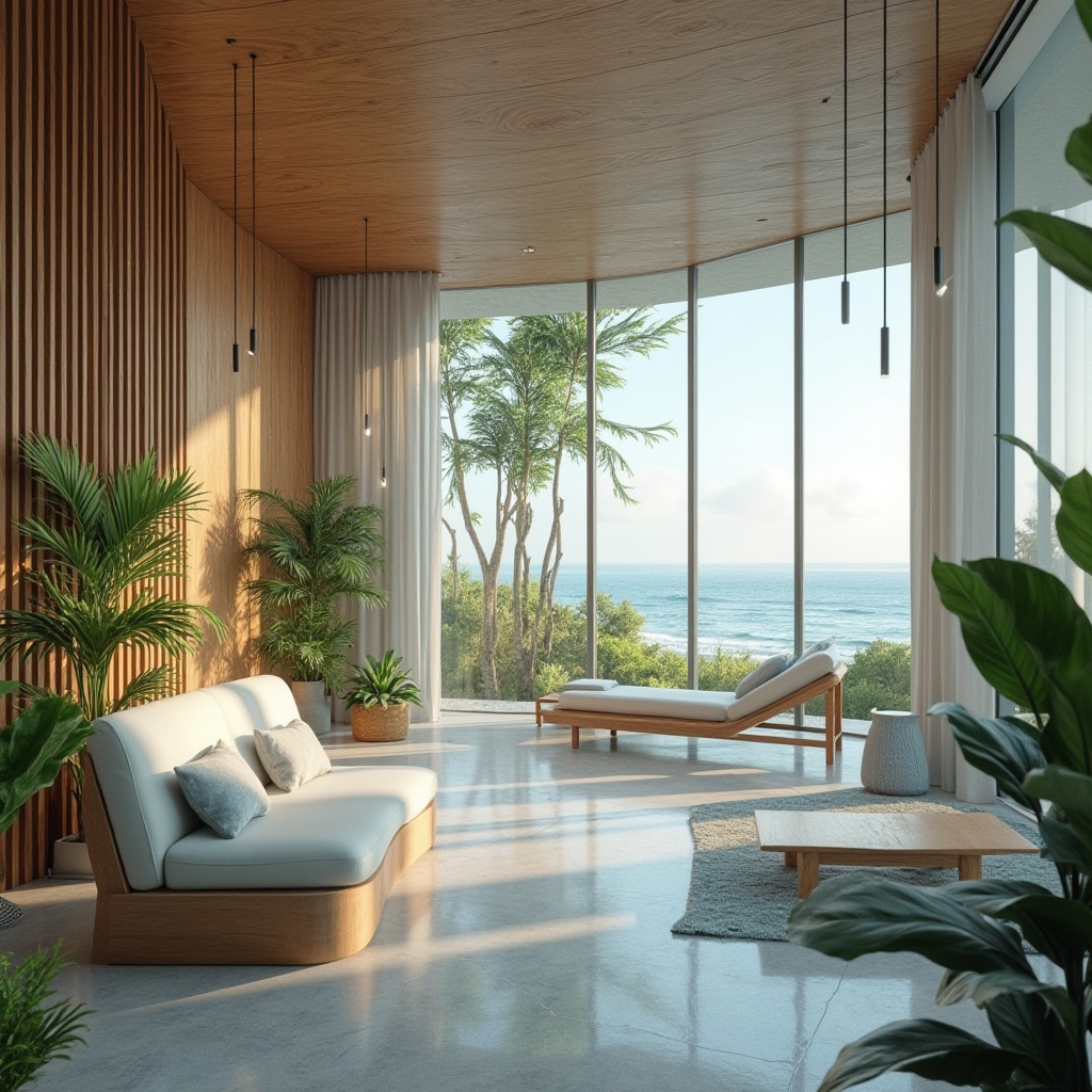 Prompt: Coastal themed healthcare center, calming atmosphere, natural materials, wooden accents, ocean-inspired blue and green hues, floor-to-ceiling windows, panoramic views of the sea, healing garden with tropical plants, gentle sea breeze sound effects, comfortable modern furniture, soft ambient lighting, 3/4 composition, warm color palette, minimal ornamentation, simplicity, elegance, spacious interior, airy feeling, peaceful ambiance.