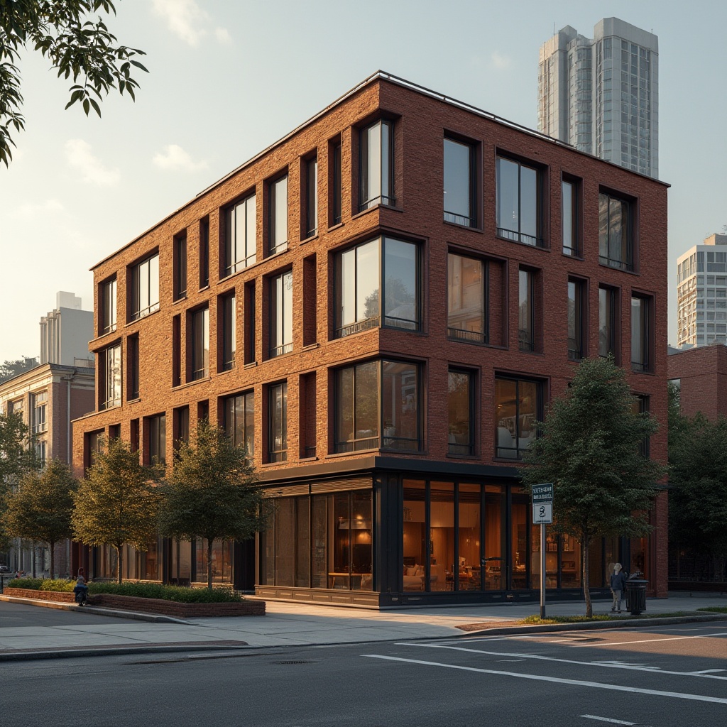 Prompt: Brown building, modern architecture, cityscape, urban planning, brown bricks, rust-colored walls, large windows, wooden accents, steel frames, industrial design, concrete floors, minimal decor, warm ambient lighting, afternoon sun, soft shadows, 3/4 composition, urban jungle, skyscraper background.