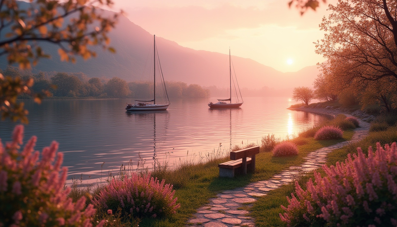 Prompt: Mauve-colored riverbank, serene atmosphere, warm sunset light, gentle ripples on water surface, lush greenery, blooming mauve flowers, soft grass, winding stone path, wooden benches, tranquil ambiance, few sailboats docked, distant misty mountains, soft focus, cinematic composition, warm ambient lighting, 3/4 view, mauve-toned sky reflection.