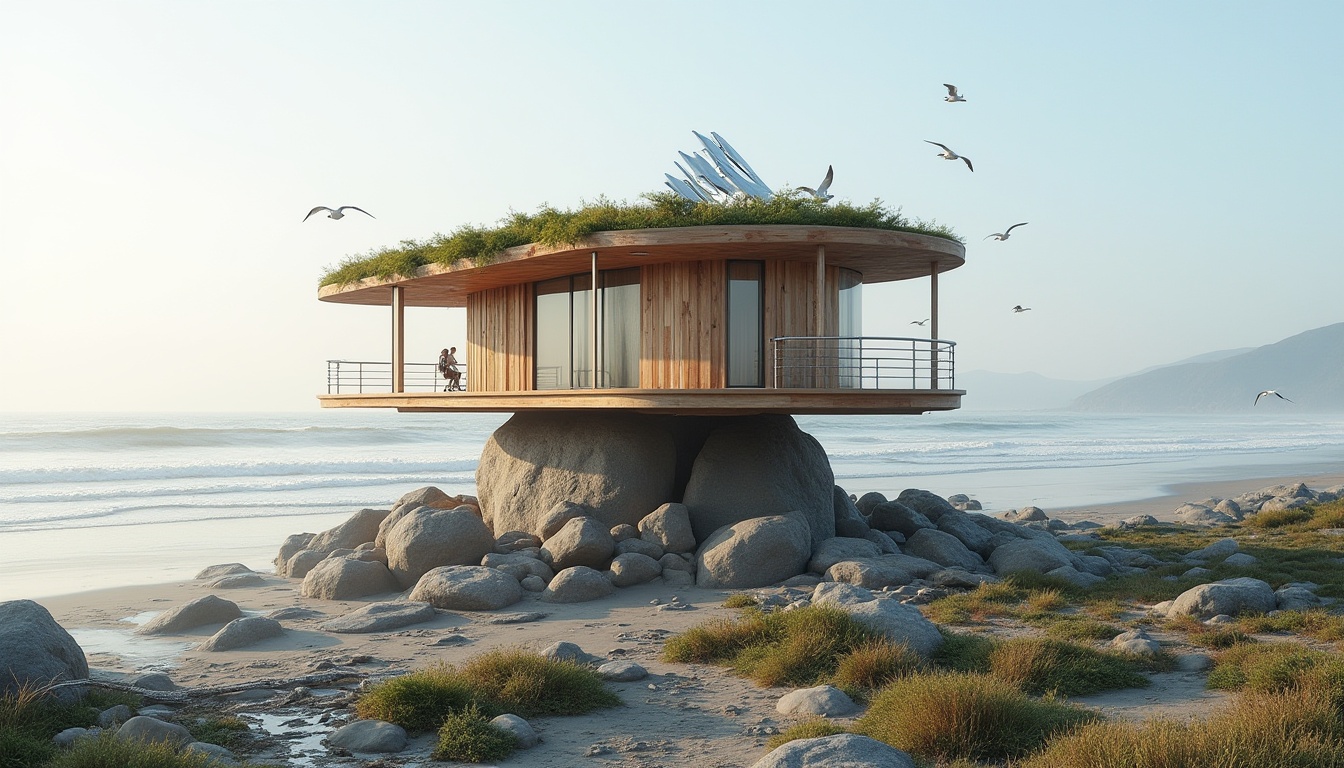 Prompt: Sustainable watching tower, coastal scenery, modern minimalist architecture, eco-friendly materials, recycled wood, solar panels, green roof, curved lines, panoramic view, 3/4 composition, soft natural light, ambient atmosphere, ocean waves crashing, seagulls flying overhead, beach vegetation, driftwood, weathered stone foundation, wooden decks, minimal ornamentation, functional simplicity, environmental harmony.