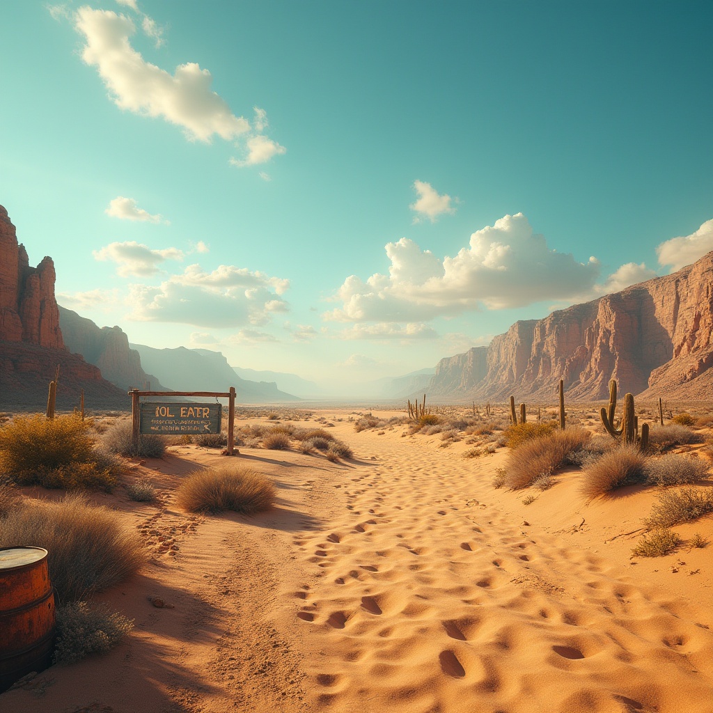 Prompt: Desert landscape, endless dunes, golden sand, clear blue sky, intense sunlight, harsh shadows, rocky outcrops, cacti, succulents, worn wooden signs, rusty old machinery, abandoned oil drums, sandy footprints, vast emptiness, dramatic clouds, cinematic composition, warm ambient light, shallow depth of field.