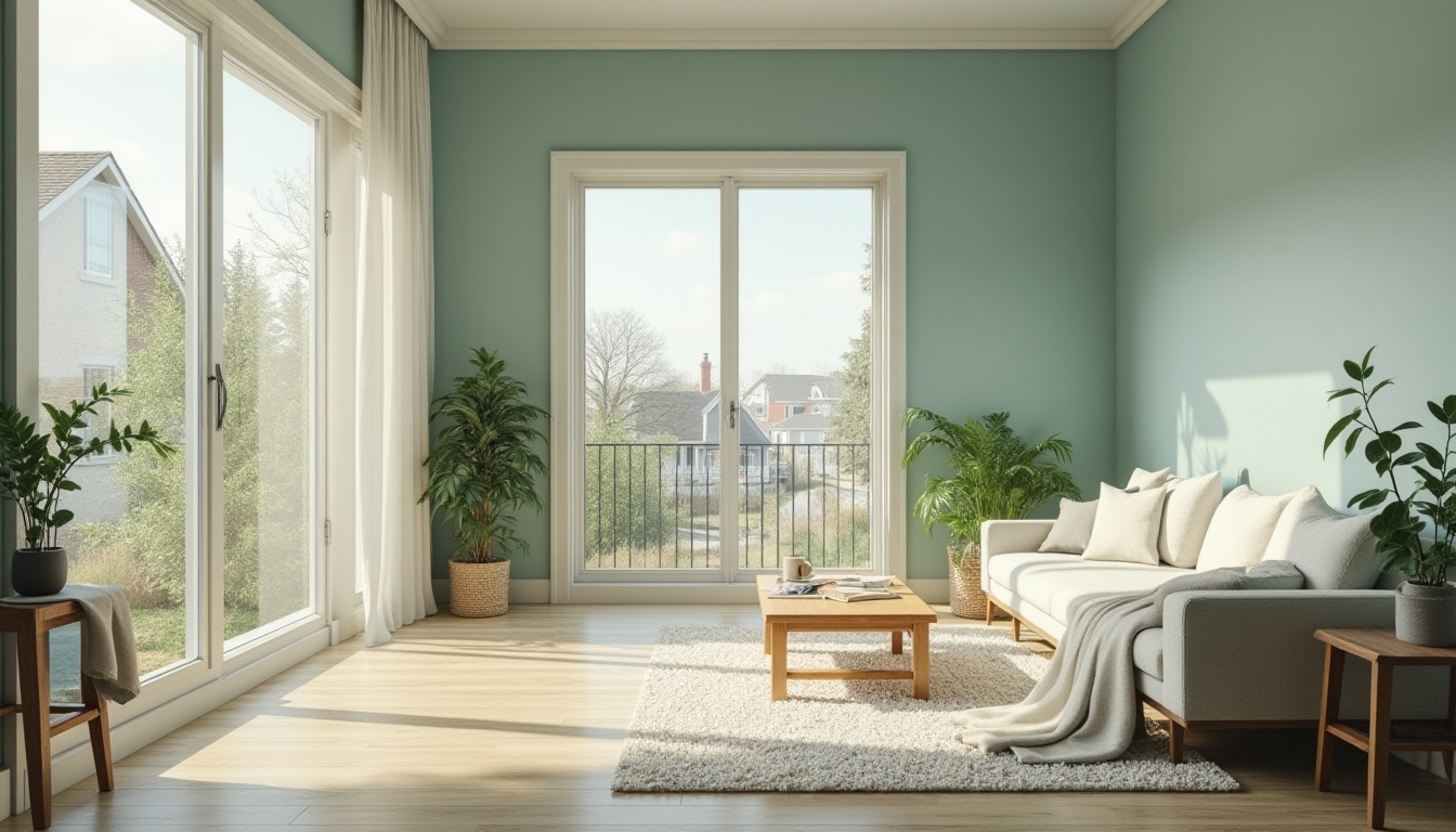 Prompt: Modern housing design, Celadon color scheme, pastel blue walls, creamy white trim, warm beige floors, minimalist decor, sleek lines, large windows, natural light, 3/4 composition, panoramic view, cozy reading nook, comfortable couch, wooden coffee table, greenery, potted plants, soft ambient lighting, morning sunlight, gentle shadows, residential area, suburban neighborhood, peaceful atmosphere.