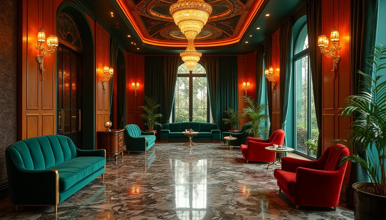 Prompt: Art Deco inspired interior, luxurious ambiance, metallic accents, geometric patterns, bold color schemes, rich jewel tones, emerald green, navy blue, ruby red, golden yellow, ornate decorations, lavish furnishings, velvet fabrics, marble floors, crystal chandeliers, elegant lines, symmetrical composition, high contrast lighting, dramatic shadows, 1920s glamour, opulent atmosphere, glamorous close-up, cinematic angle, depth of field.