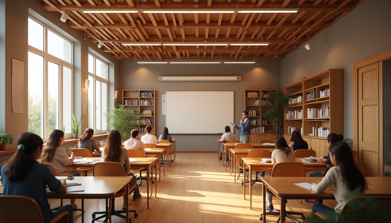 Prompt: Educational space, interior design, brown color scheme, wooden tables, ergonomic chairs, bookshelves, whiteboards, warm lighting, cozy atmosphere, students studying, teachers lecturing, modern architecture, minimal decoration, natural textures, earthy tones, calm ambiance, panoramic view, 3/4 composition, softbox lighting.