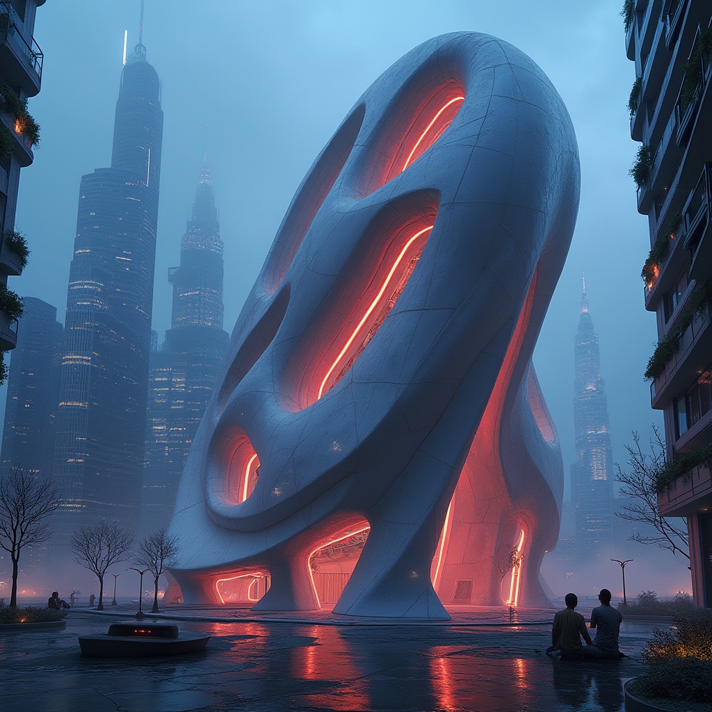 Prompt: Futuristic building, Blobitecture style, irregular shape, smooth curves, vibrant neon colors, glowing accents, metallic materials, reflective surfaces, futuristic cityscape, night scene, urban landscape, skyscrapers in background, misty atmosphere, softbox lighting, cinematic composition, 3/4 view, low-angle shot.