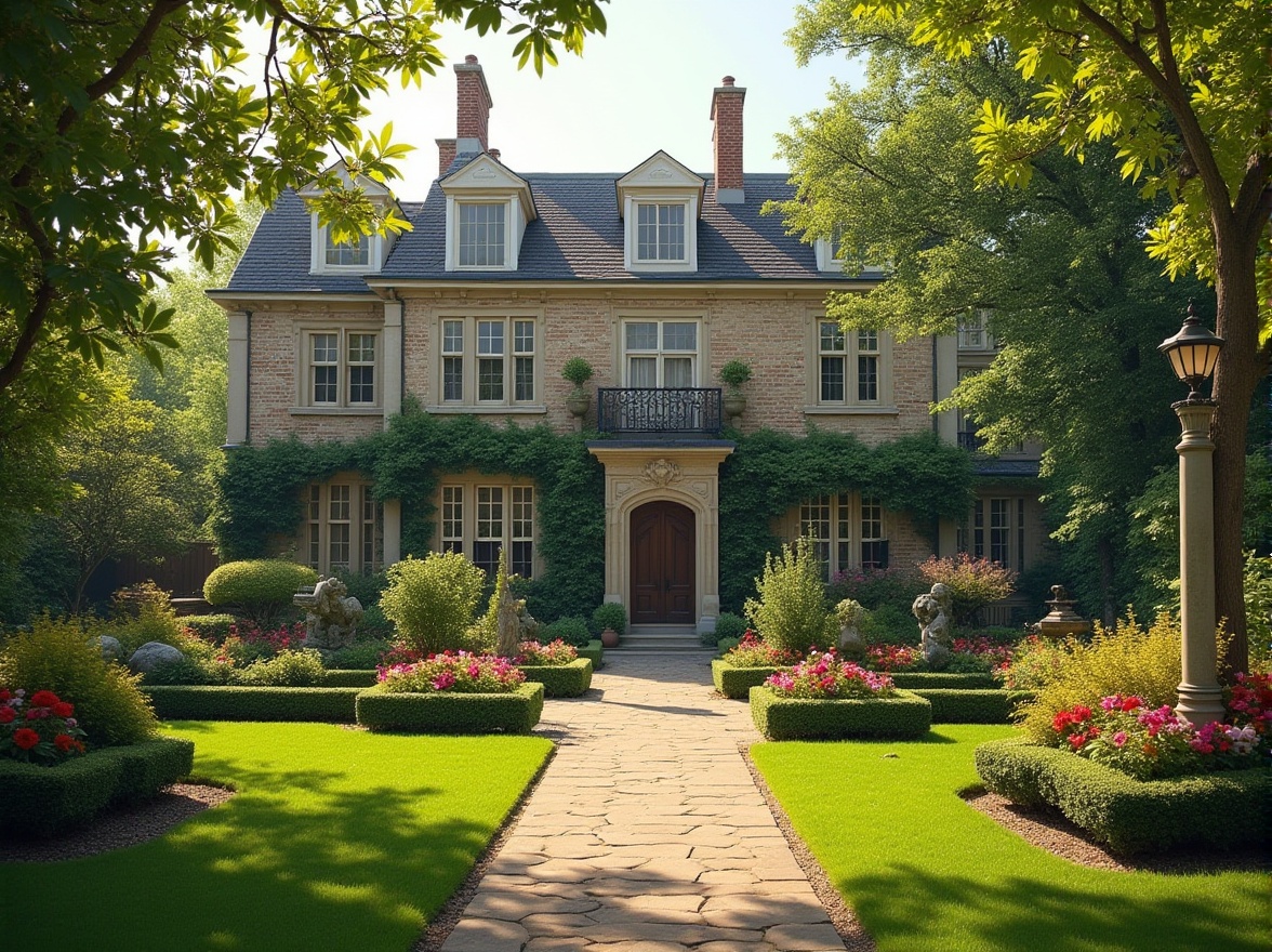 Prompt: Classic homes, elegant garden, symmetrical pathways, ornate iron gates, lush green lawn, blooming colorful flowers, manicured hedges, stone statues, tranquil water features, vintage street lamps, brick or stone walls, climbing ivy, beautiful detailed textures, warm sunny day, soft natural lighting, 3/4 composition.