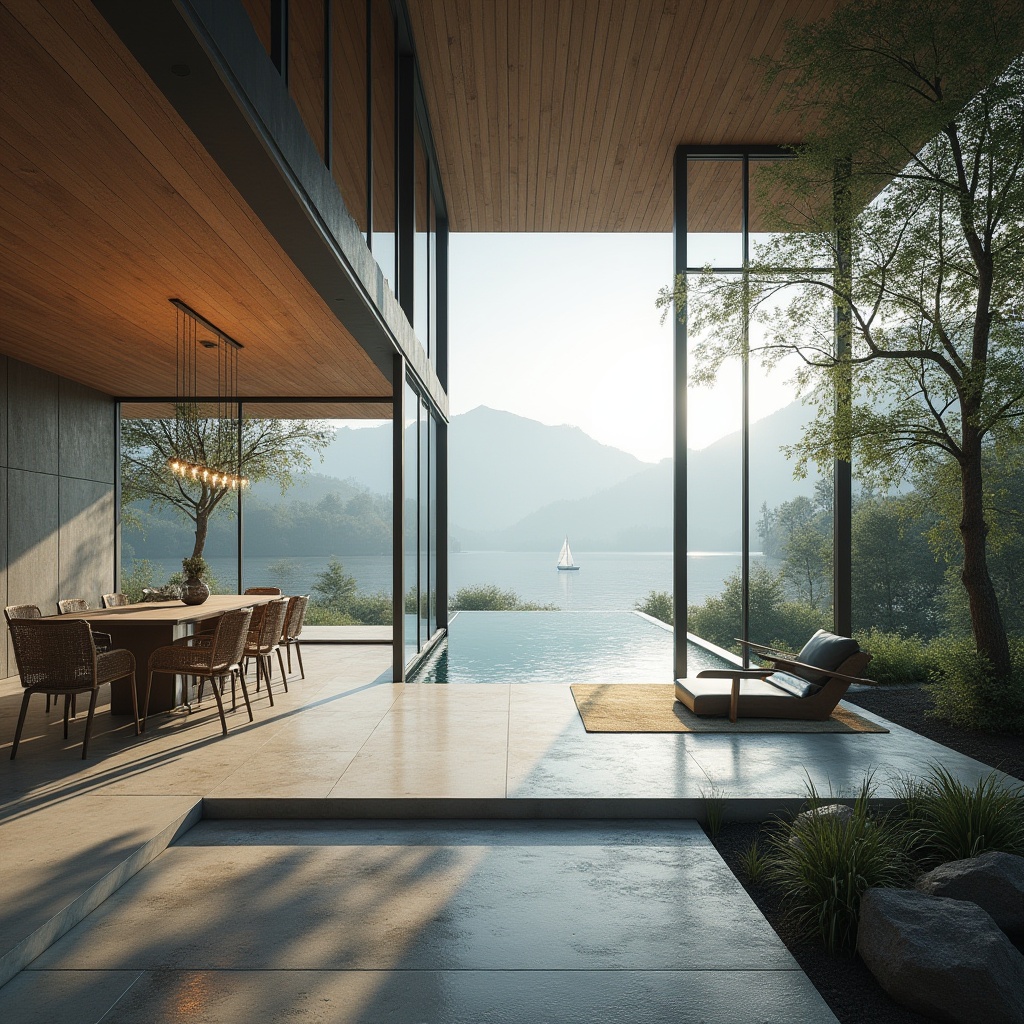 Prompt: Lakefront modernism, luxurious villa, incorporating Lavacrete material, sleek lines, geometric shape, large glass windows, minimalist interior, polished concrete floor, Lavacrete accent wall, wooden ceiling, modern chandelier, panoramic view, 3/4 composition, soft lighting, morning mist, serene atmosphere, surrounding trees, lush greenery, stone pathway, leading to the lake, calm water reflection, sailboat in distance, misty mountain backdrop.