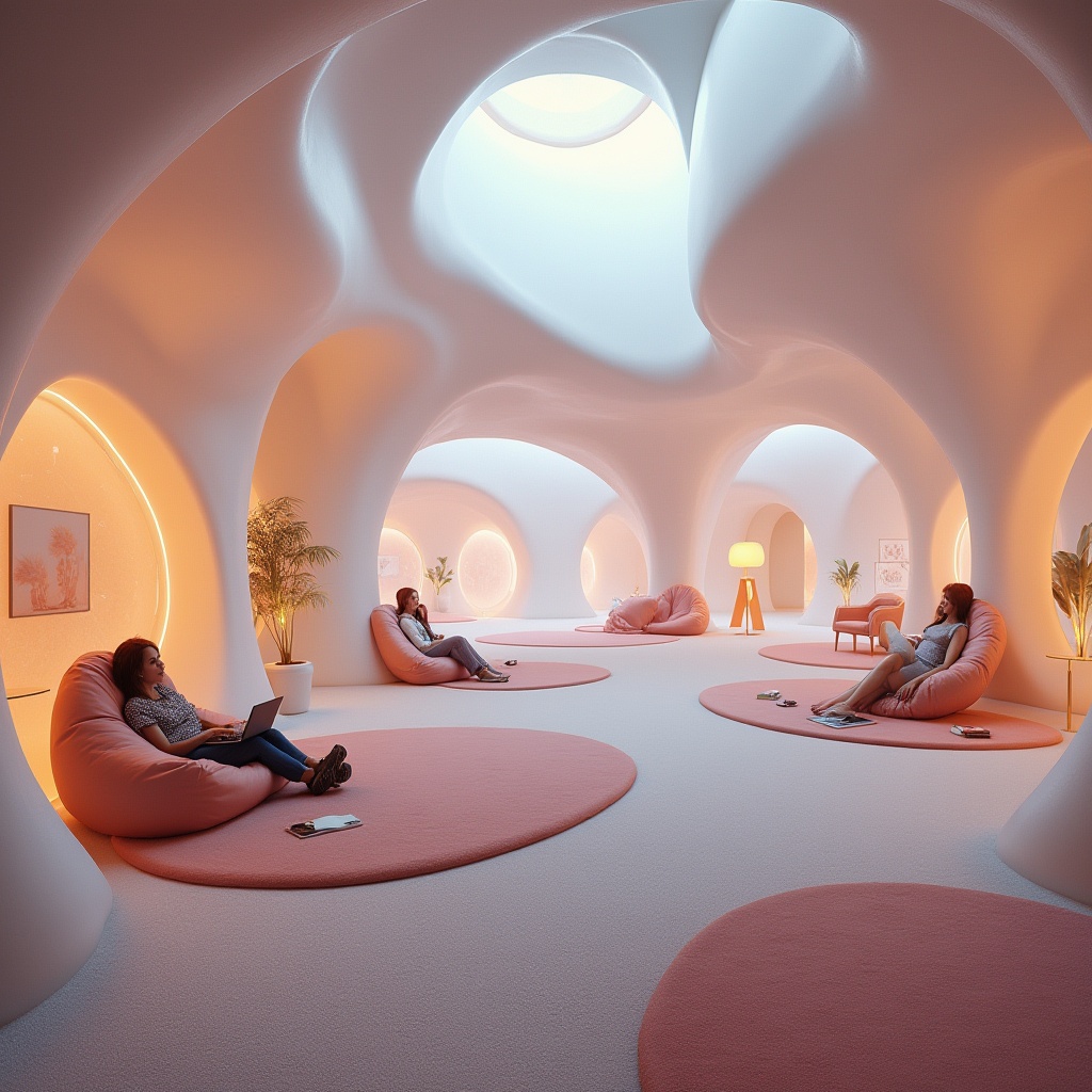 Prompt: Blobitecture style dormitory, futuristic, alien-like architecture, wavy irregular shapes, pastel colors, soft glow lighting, rounded edges, bulbous structures, neon accents, minimalist decor, cozy atmosphere, students lounging on bean bags, laptops and books scattered around, soft carpet flooring, curved lines, 3/4 composition, warm ambient lighting, cinematic mood, futuristic furniture, sleek surfaces, subtle texture, misty background, dreamy ambiance.