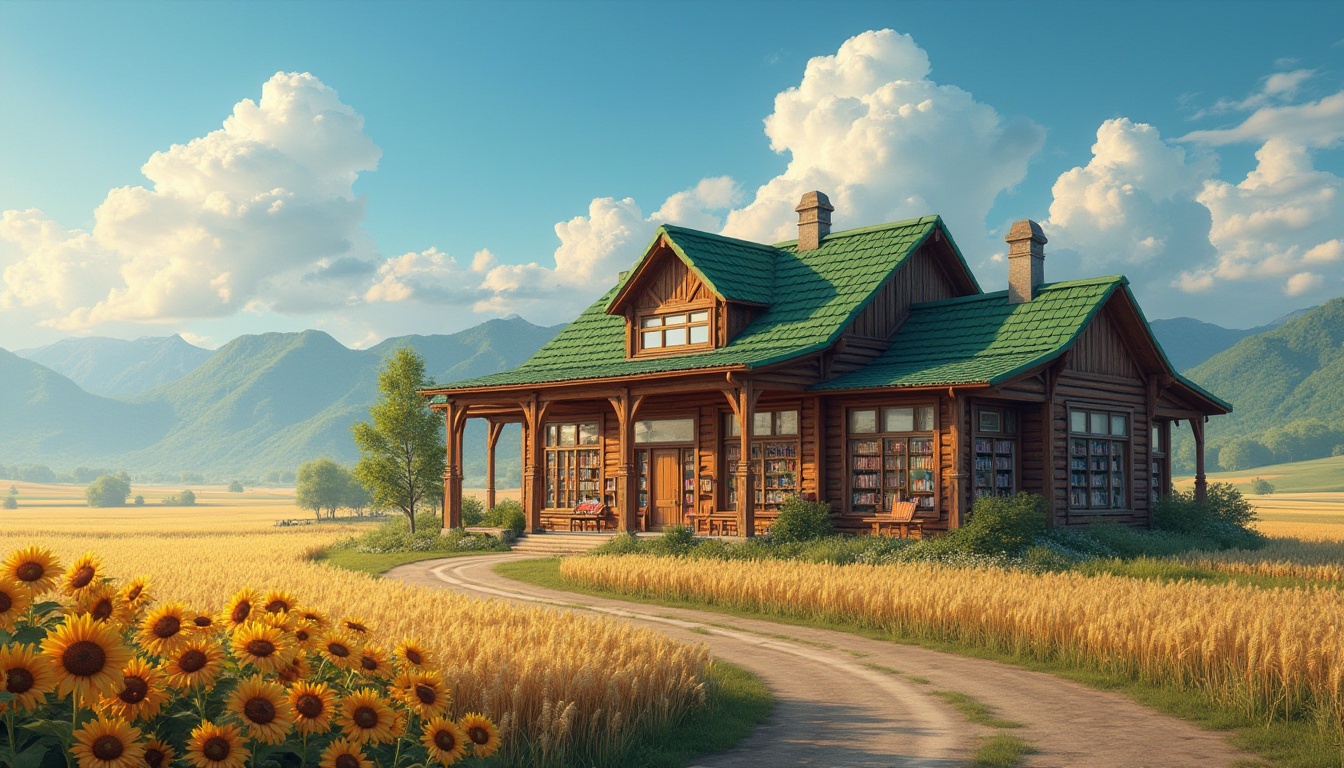 Prompt: Rural library, farmland community, wooden structure, sloping roof, green tile, large windows, natural light, bookshelves made of wood, comfortable reading areas, warm lighting, cozy atmosphere, surrounded by wheat fields, sunflowers, rural roads, distant mountains, clear blue sky, fluffy white clouds, peaceful ambiance, morning dew, soft mist.