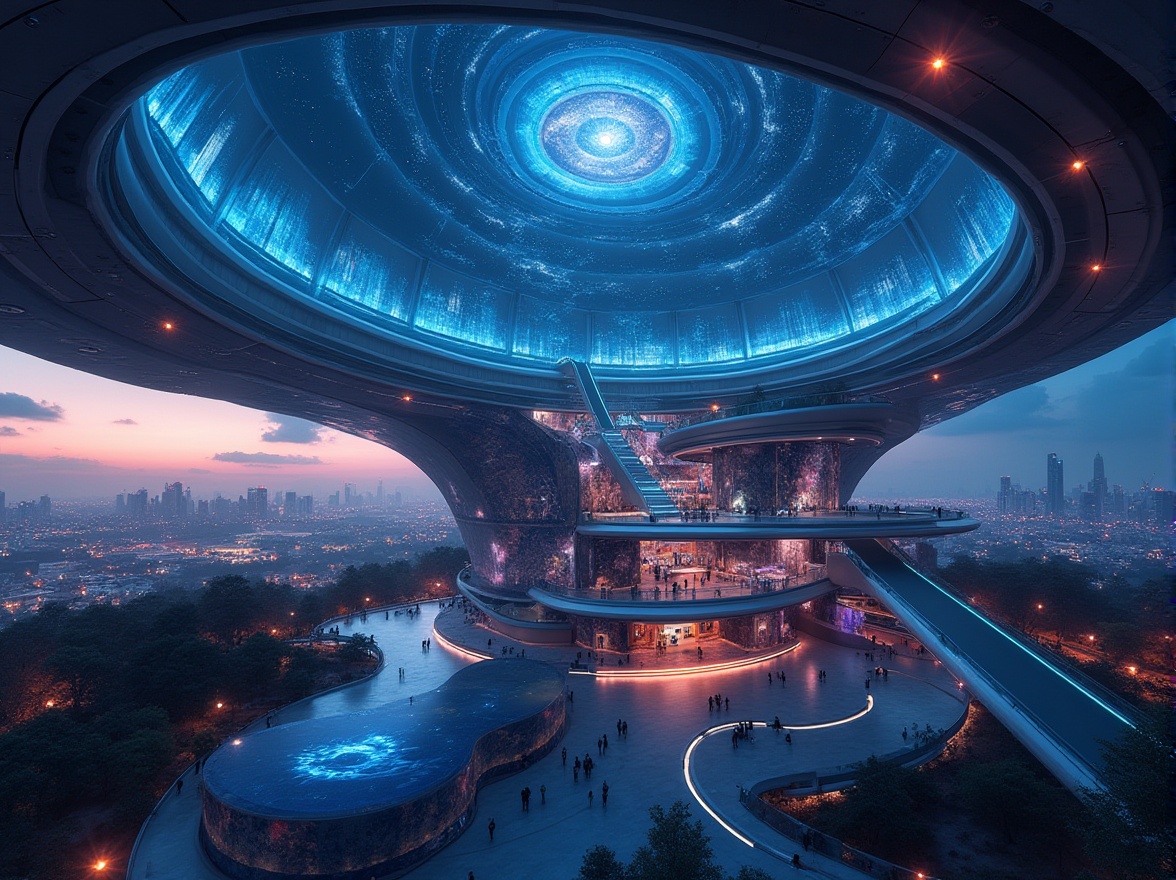 Prompt: Futuristic planetarium, fusion architecture, dome-shaped building, metallic structure, glowing neon lights, holographic projections, starry night sky, 3D galaxy visualization, interactive exhibits, virtual reality experience, sleek modern interior design, circular walkway, staircases connecting multiple levels, spherical ceiling, ambient LED lighting, panoramic view of the city skyline, urban landscape, evening atmosphere, softbox lighting.