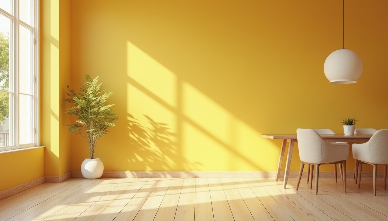 Prompt: Commercial interior, bright light yellow wall, warm atmosphere, minimalist decor, wooden floor, sleek lines, modern furniture, empty space, natural light pouring in through large windows, subtle shadows, calm ambiance, 3/4 composition, soft focus, warm lighting, shallow depth of field, Scandinavian style, minimal ornamentation, neutral tone, inviting atmosphere.