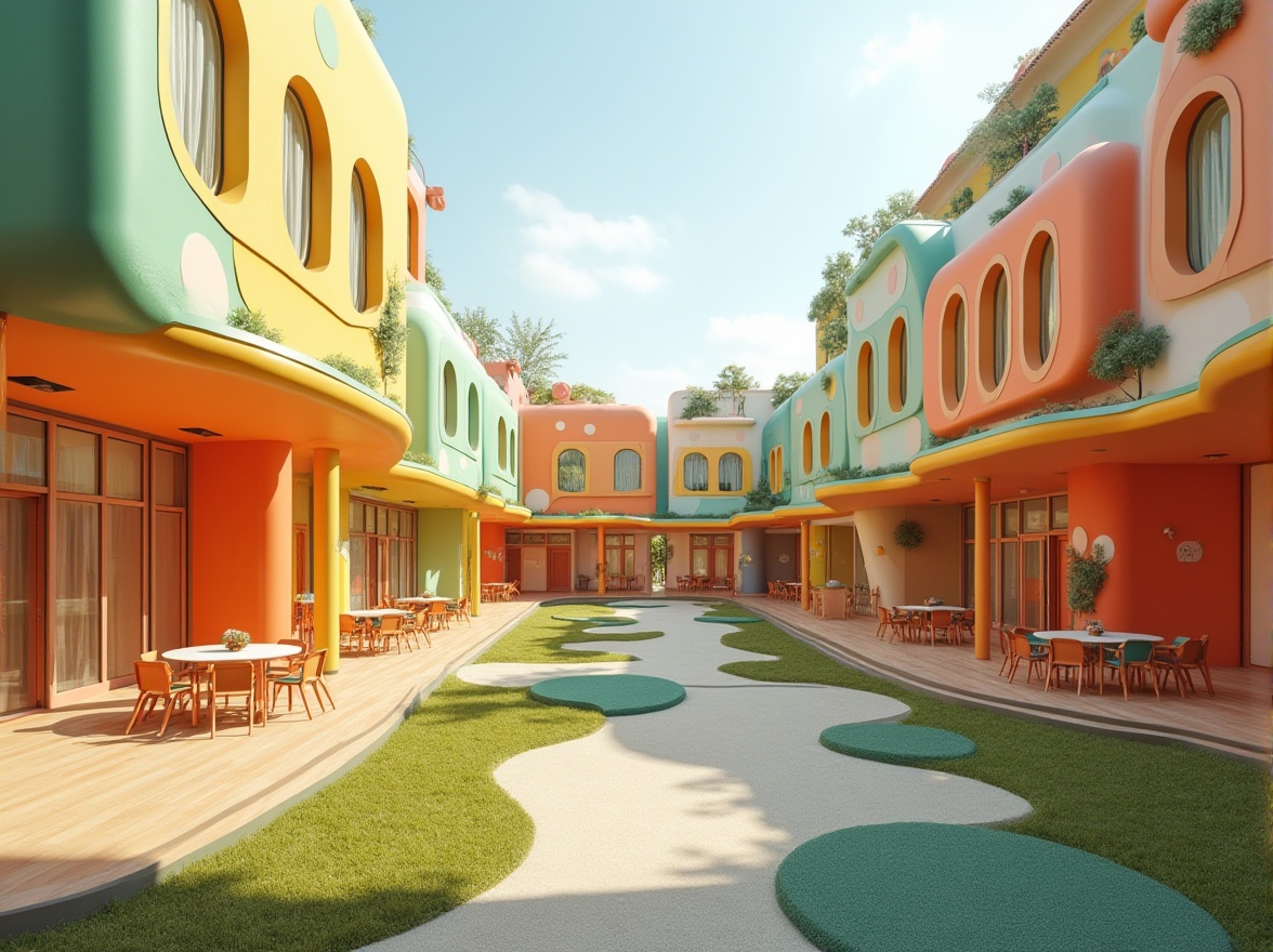 Prompt: Elementary school, blob architecture, colorful exterior walls, irregular shapes, playful atmosphere, vibrant colors, natural light, open classrooms, collaborative learning spaces, wooden floors, minimalist furniture, green roofs, outdoor play areas, modern facilities, circular windows, unique structures, futuristic design, educational environment, 3/4 composition, warm lighting, soft focus.