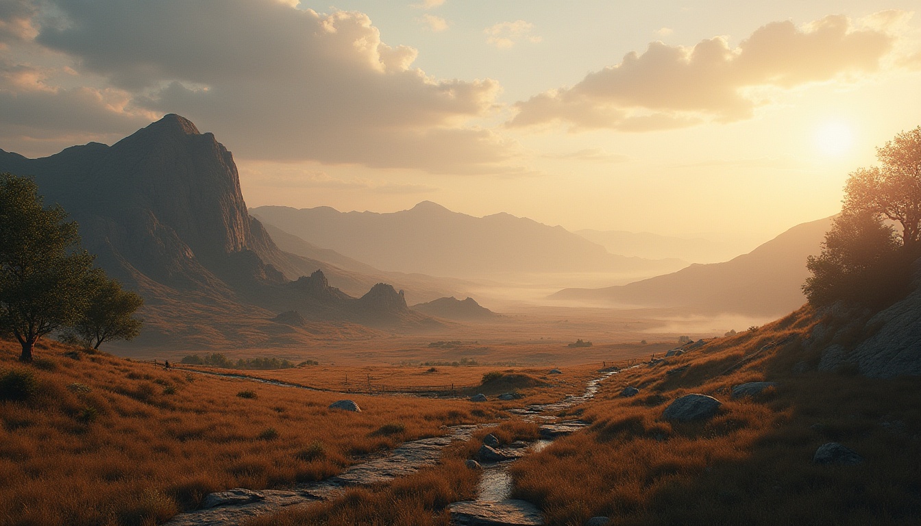 Prompt: Plateau landscape, vast open space, rolling hills, sparse trees, rocky outcrops, distant mountains, serene atmosphere, soft warm light, few puffy white clouds, gentle breeze, rustling grass, stone pathways, worn wooden fences, abandoned ancient ruins, mysterious artifacts, eerie mist, dramatic sunset, 3/4 composition, panoramic view, cinematic lighting.