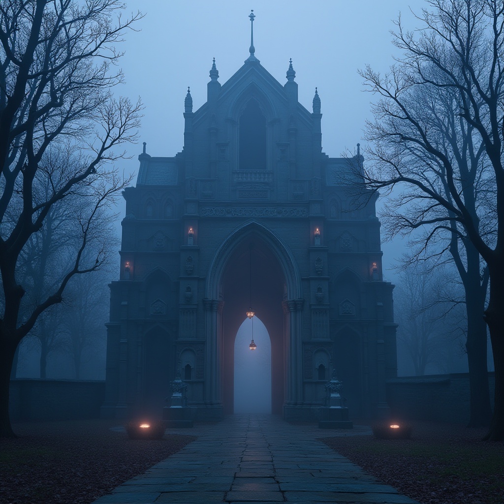 Prompt: Monument design, grandiose structure, blue violet dominant color, intricate carvings, ornate details, Gothic-inspired architecture, solemn atmosphere, misty morning, subtle fog effect, warm lighting, dramatic shadows, ancient trees surrounding, overgrown ivy crawling up the walls, mysterious ambiance, eerie silence, cinematic composition, 3/4 view angle, low-key tone.