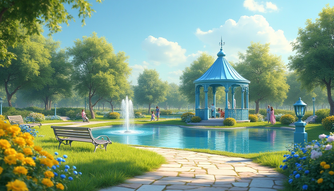 Prompt: Light blue themed park, sunny afternoon, clear sky with few white clouds, lush green grass, vibrant flowers in light blue and yellow hues, winding stone pathways, a tranquil pond with a small fountain, benches with ornate metal frames, decorative lanterns in soft blue glass, a gazebo with a light blue roof, surrounded by blooming bushes, children playing on a light blue slide, mothers pushing strollers, couples taking romantic walks, warm natural lighting, 3/4 composition, shallow depth of field, vibrant colors, serene atmosphere.