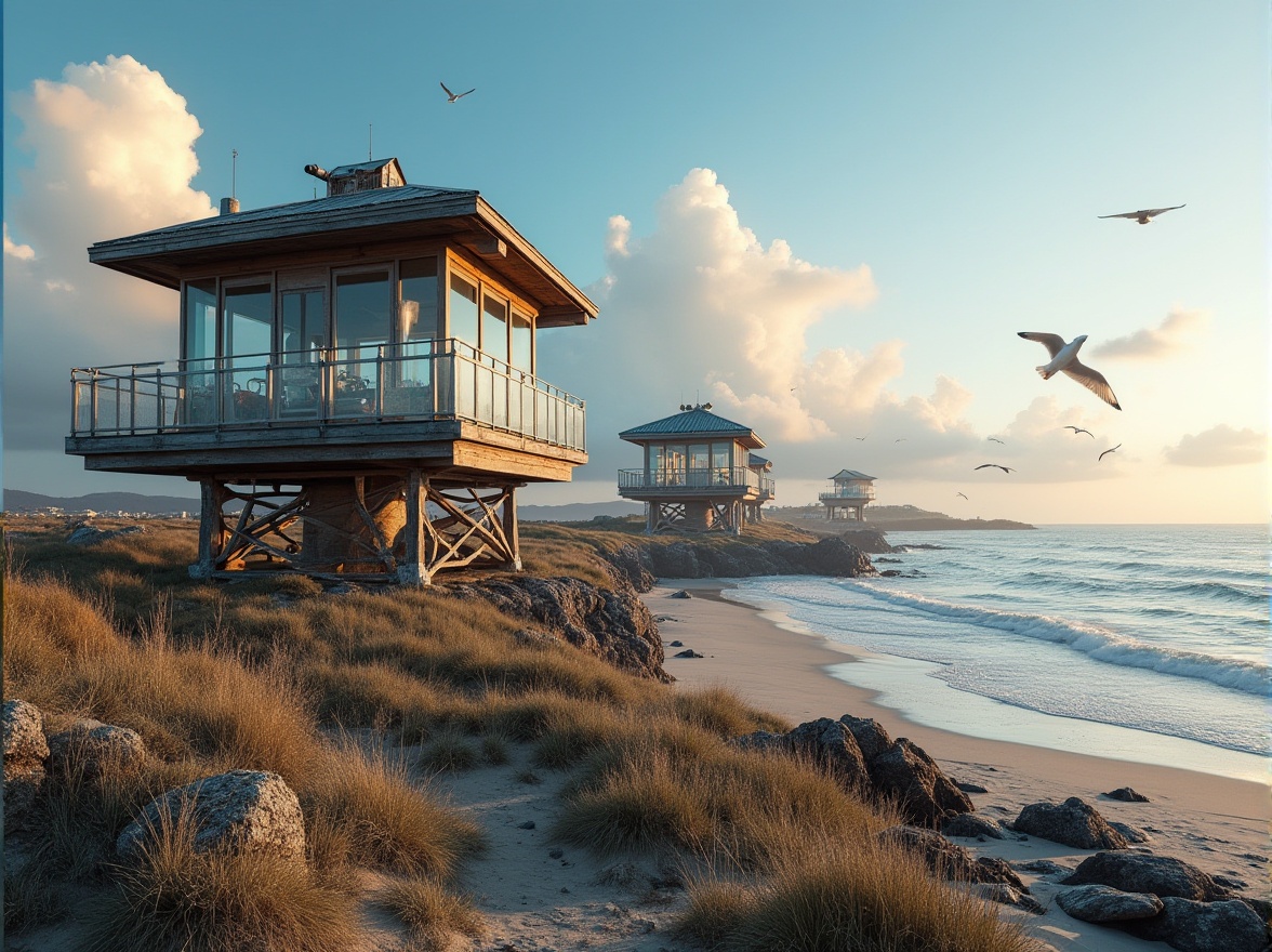 Prompt: Coastal watching towers, modern architecture, steel frame, wooden accents, large glass windows, observation decks, binoculars, telescopes, scenic ocean views, sandy beaches, rocky shores, seagulls flying overhead, clear blue skies, sunset lighting, dramatic clouds, gentle sea breeze, rustling beach grass, weathered wood textures, intricate metal structures, 3/4 composition, panoramic view, warm ambient lighting.