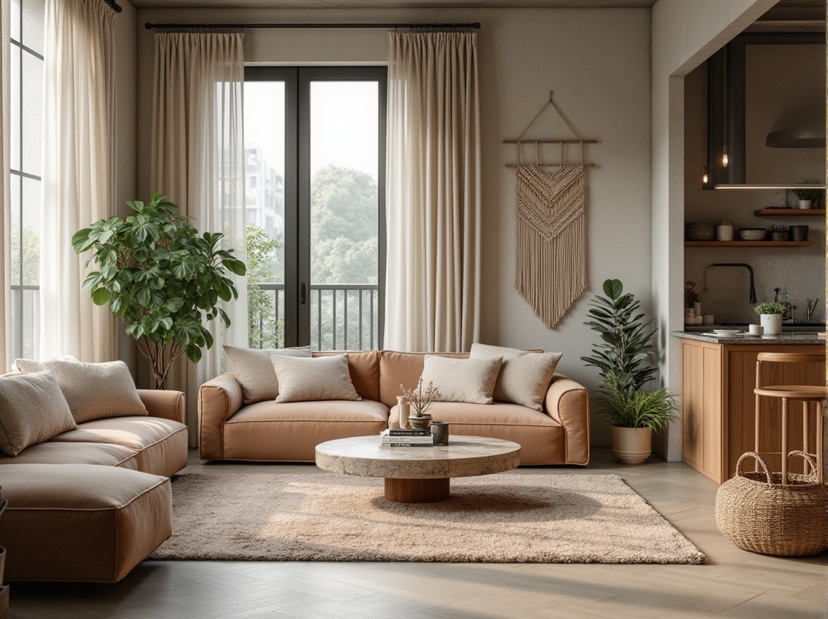 Prompt: Modern apartment building, vernacular architecture, urban setting, concrete walls, large windows, natural light, cozy atmosphere, plush carpet, velvet sofa, linen curtains, wooden coffee table, marble countertops, potted plants, soft cushions, woven baskets, rattan chair, macrame wall hanging, industrial lighting, warm beige colors, textured fabrics, minimalist decor.