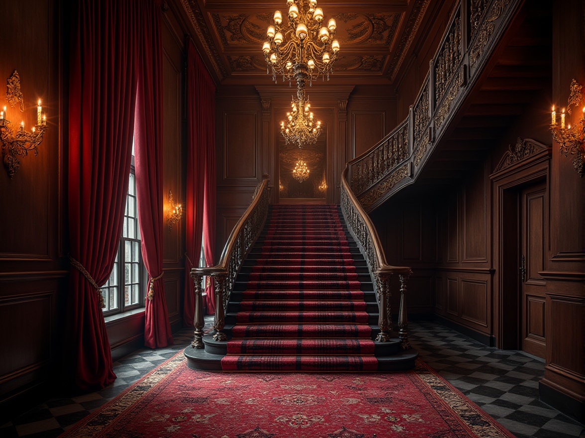 Prompt: Luxurious Gothic hotel lobby, grand staircase, ornate chandeliers, dark wood paneling, velvet drapes, red and black tartan fabric upholstery, intricate brocade patterns, heavy silk curtains, mysterious ambiance, warm candle lighting, dramatic shadows, 3/4 composition, low-angle shot, opulent textures, luxurious fabrics, mysterious Gothic atmosphere.