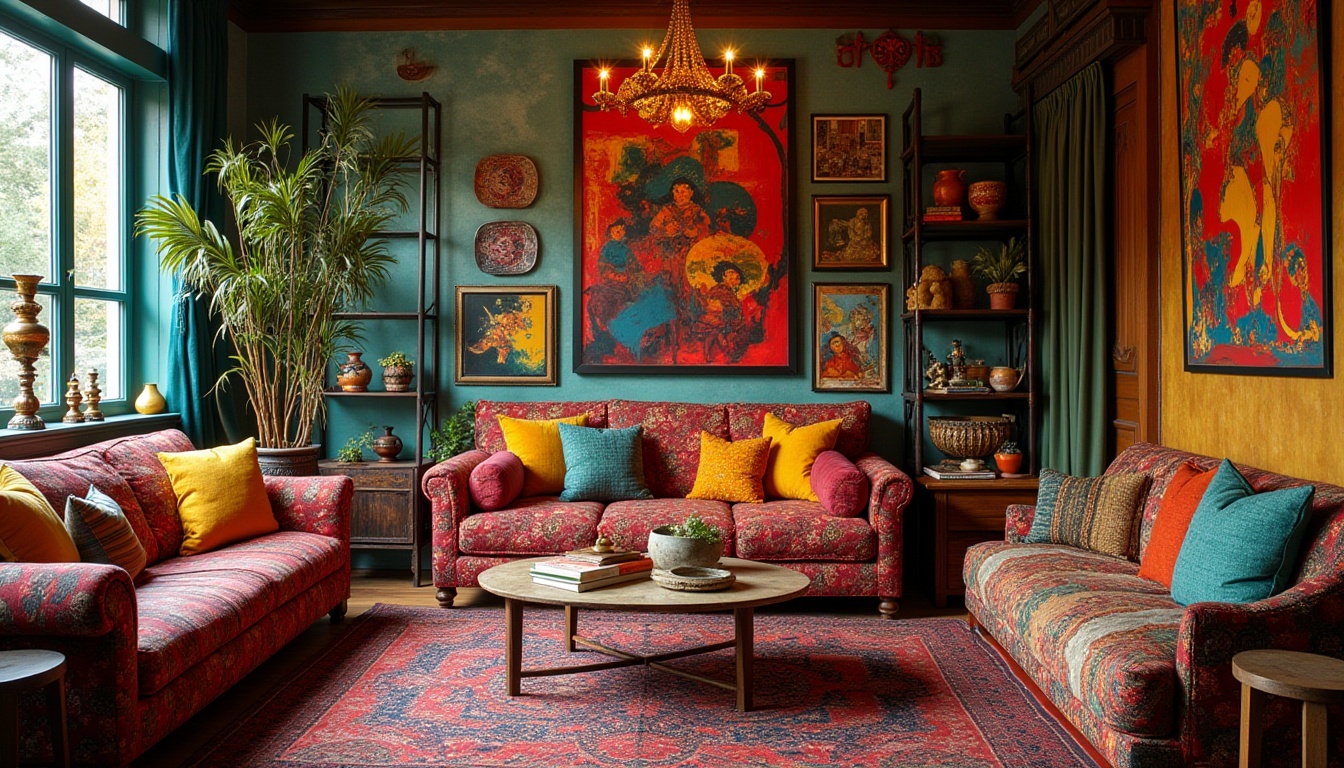 Prompt: Eclectic interior, vibrant colorful, bold pattern mix, antique furniture, modern decor, luxurious fabrics, rich textures, ornate details, abstract artwork, vintage accessories, layered lighting, warm atmosphere, cozy nook, decorative screens, patterned rugs, statement pieces, global inspiration, Bohemian chic, eclectic style, artistic expression, maximalism, opulent decoration.