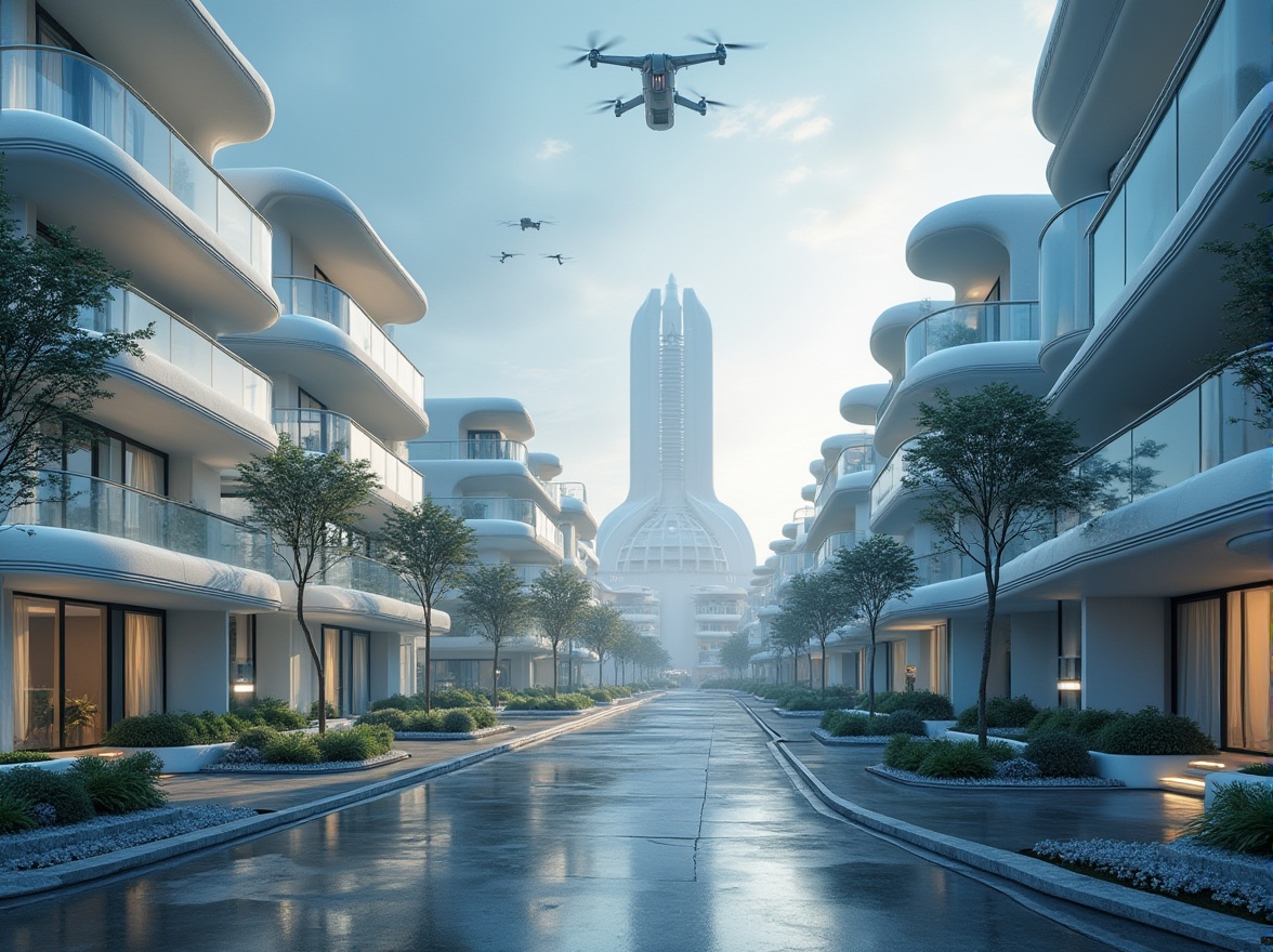 Prompt: Futuristic suburban space, curved lines, neon lights, sleek architecture, silver-gray tone, modernist residential buildings, minimalist landscaping, holographic advertisements, levitating cars, drone sky, virtual reality interfaces, augmented reality glasses, retro-futuristic clothing, robotic servants, clean streets, automated walkways, panoramic view, low-angle shot, cinematic composition, soft futuristic lighting.