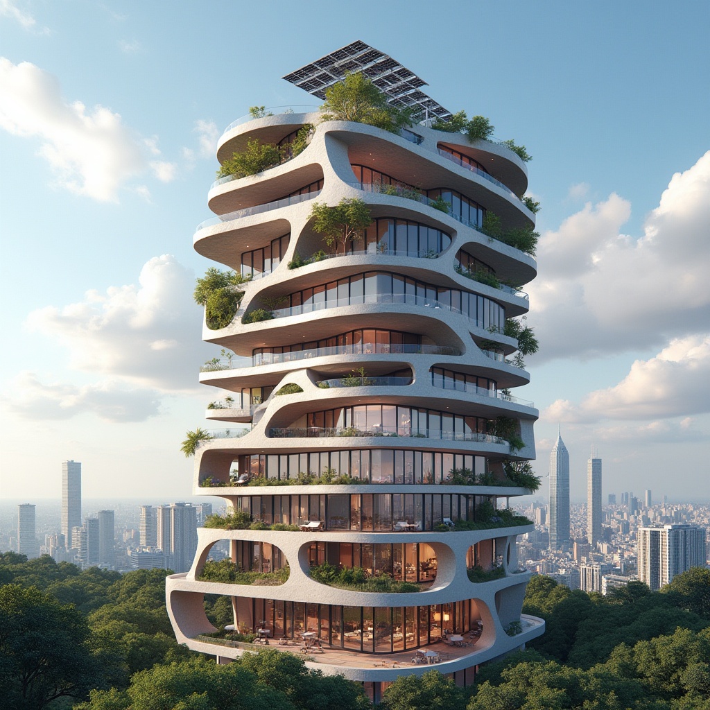 Prompt: Amethyst color, sustainable architecture, eco-friendly building, futuristic design, rounded edges, curved lines, green roof, solar panels, vertical garden, living walls, natural light, airy interior, minimal waste, recyclable materials, bamboo structure, wooden accents, glass facade, urban skyscraper, cityscape background, blue sky with white clouds, warm sunny day, 3/4 composition, cinematic lighting.