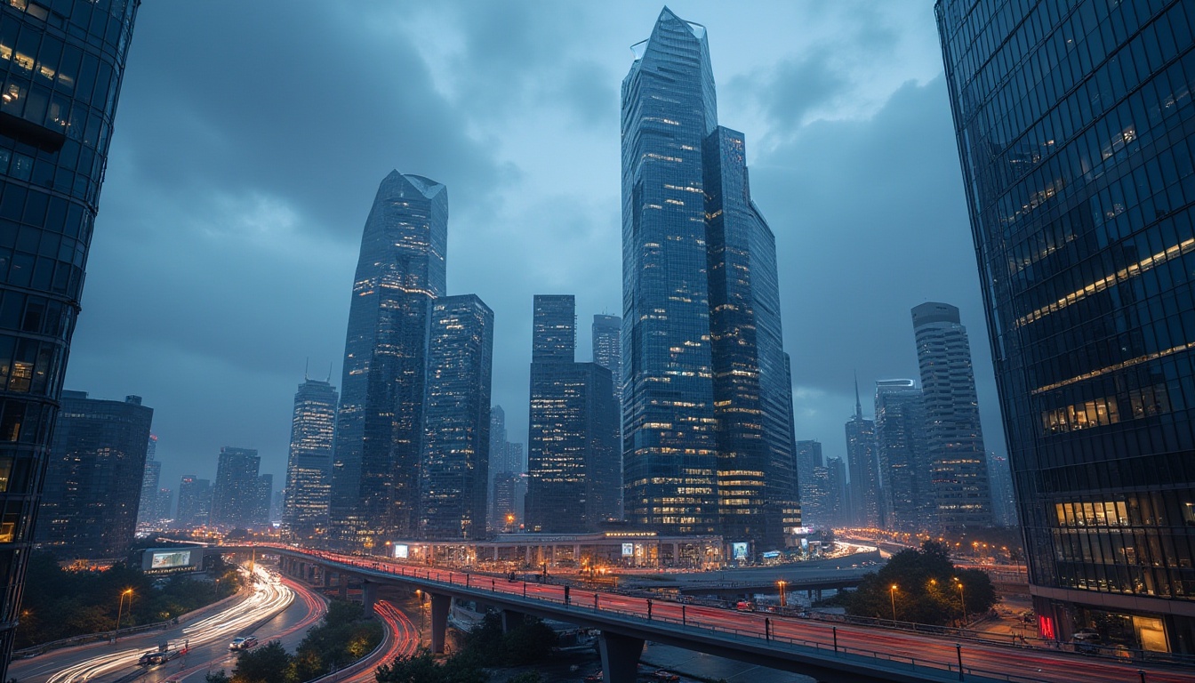 Prompt: Modern skyscraper, urban cityscape, sleek glass exterior, steel framework, innovative plasticrete material, futuristic design, geometric shape, towering high-rise building, busy metropolitan area, night scene, neon lights reflection on windows, cloudy sky, dramatic lighting, low-angle shot, cinematic composition, realistic texture, detailed architectural structure.