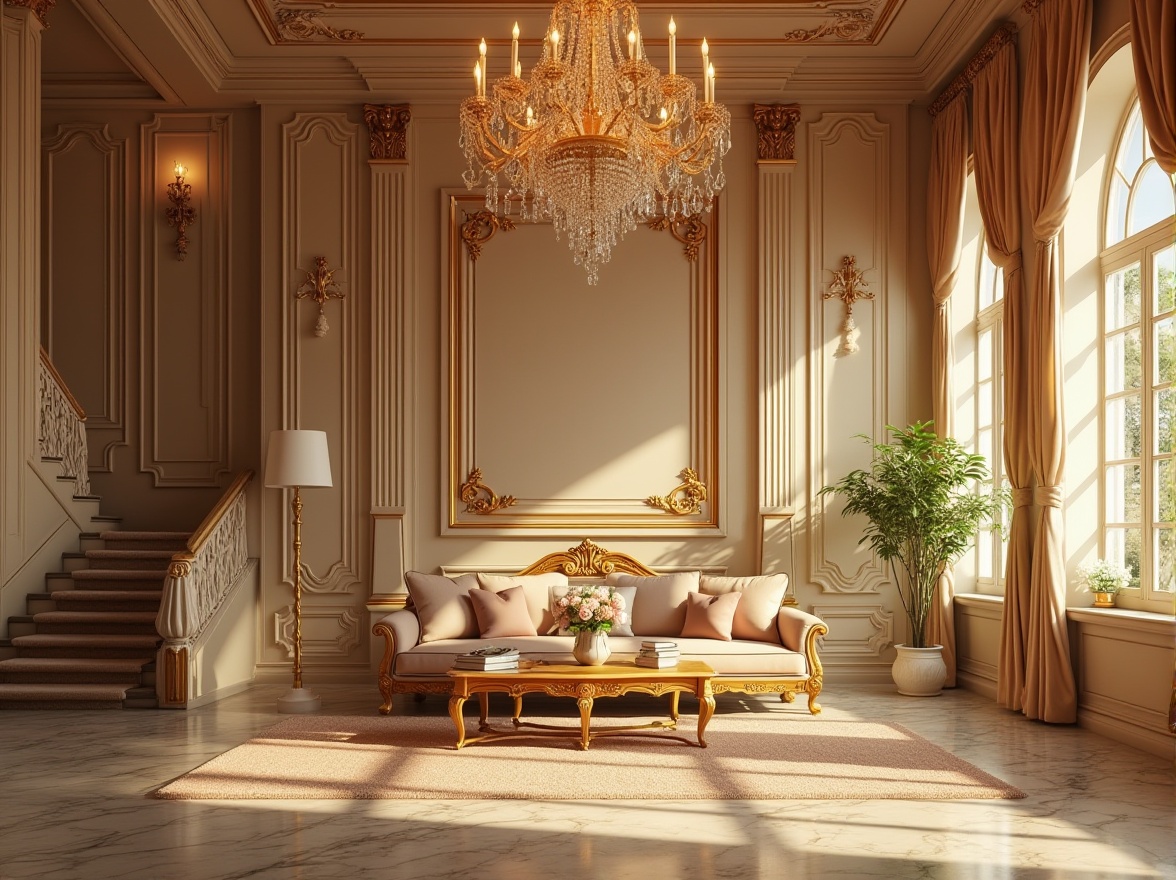 Prompt: Classic interior, luxurious chandelier, crystal droplets, golden ornate frame, majestic high ceiling, intricate moldings, soft warm glow, cozy atmosphere, comfortable sofa, velvet upholstery, wooden coffee table, flower vase, grand staircase, marble flooring, Renaissance-style architecture, Baroque-inspired decor, lavish drapery, floor lamp with tassel, warm beige walls, elegant ambiance, afternoon sunlight filtering through windows, subtle shadows, 3/4 composition, softbox lighting.