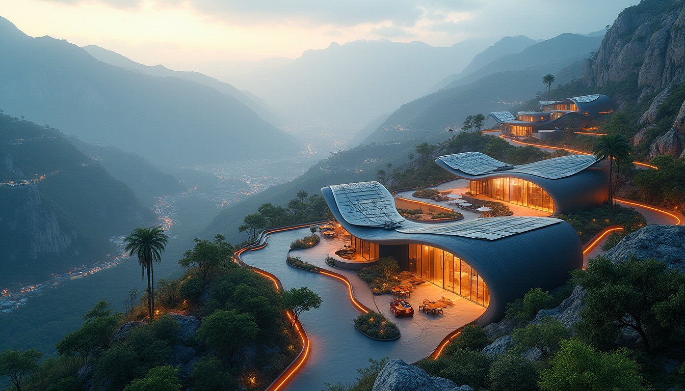 Prompt: Valley location, innovative design, futuristic architecture, sleek lines, neon lights, curved shapes, sustainable materials, solar panels, green roofs, modern villas, luxury apartments, winding roads, scenic overlooks, misty atmosphere, vibrant colors, warm lighting, panoramic views, 3/4 composition, soft focus, ambient Occlusion, cinematic mood.