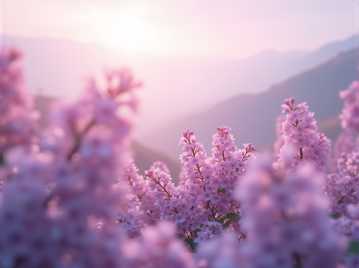 Prompt: Soft lilac hues, calming atmosphere, serene landscape, gentle hills, blooming lilac flowers, pastel colors, warm sunlight, soft focus, dreamy quality, peaceful ambiance, nature scenery, relaxation, spa like setting, misty morning, dew drops on petals, delicate textures, watercolor style, whimsical composition.